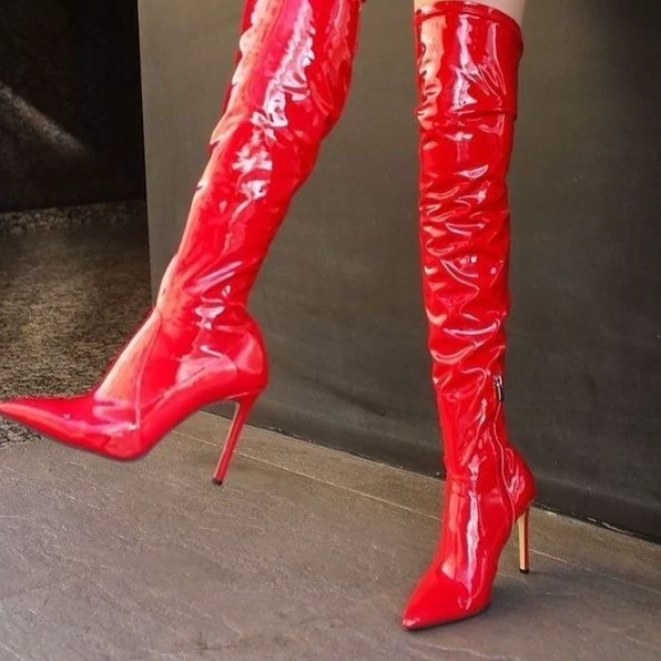 بوت ورنی جورابی قرمز جدید بالا زانو کار پرفروش تاسایز41 ارتفاع تابالای زانو