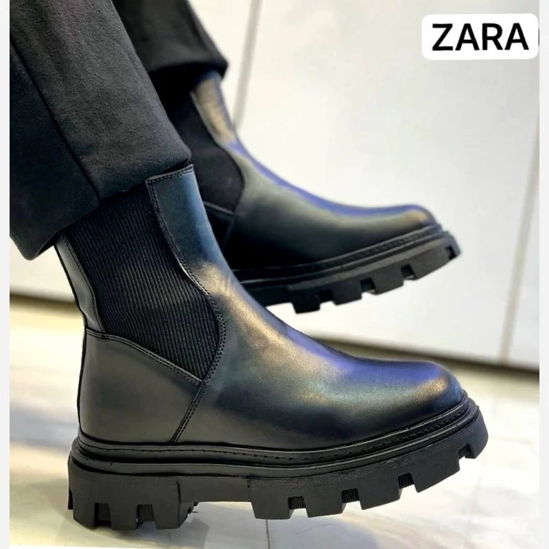 بوت دو طرف کش مردانه(کبریتی) زاراچرم ماکروطبیعی ضد تَرَک و پوسته شدن  زیره تی پی یو فنر دار طبی اصل آستر سوئیت طبیعی